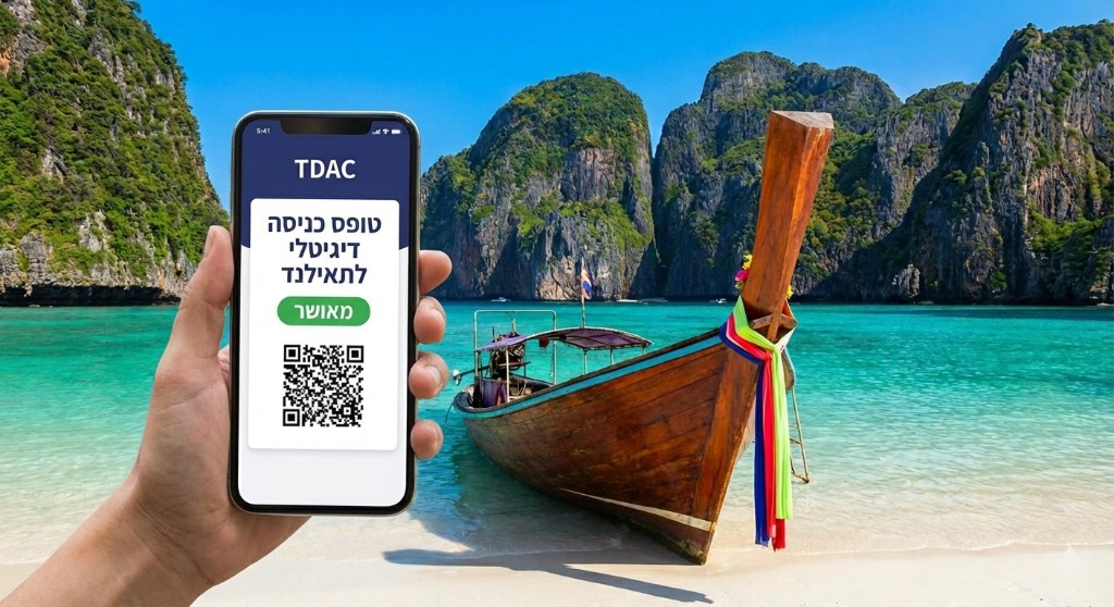 טופס כניסה לתאילנד TDAC מאושר על מסך טלפון, על רקע חוף תאילנדי וסירת לונגטייל.